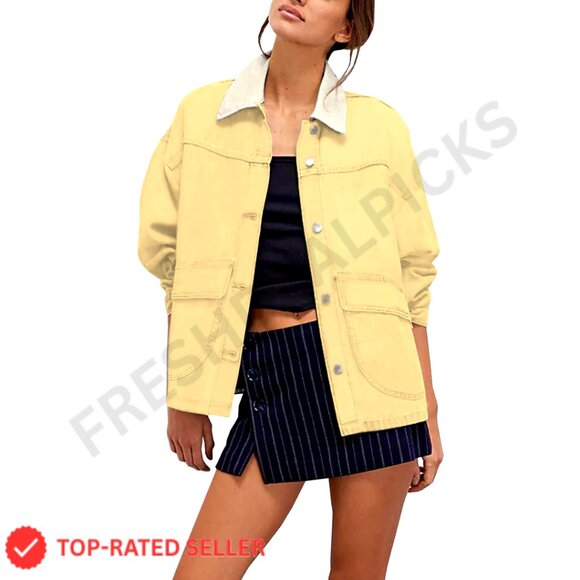 Oversized Denim Jacket Classic Retro Chic Button Down Coat with Pockets